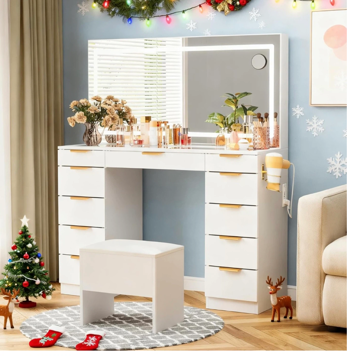 Vanity Desk with Lighted Mirror and Stool - photo 4