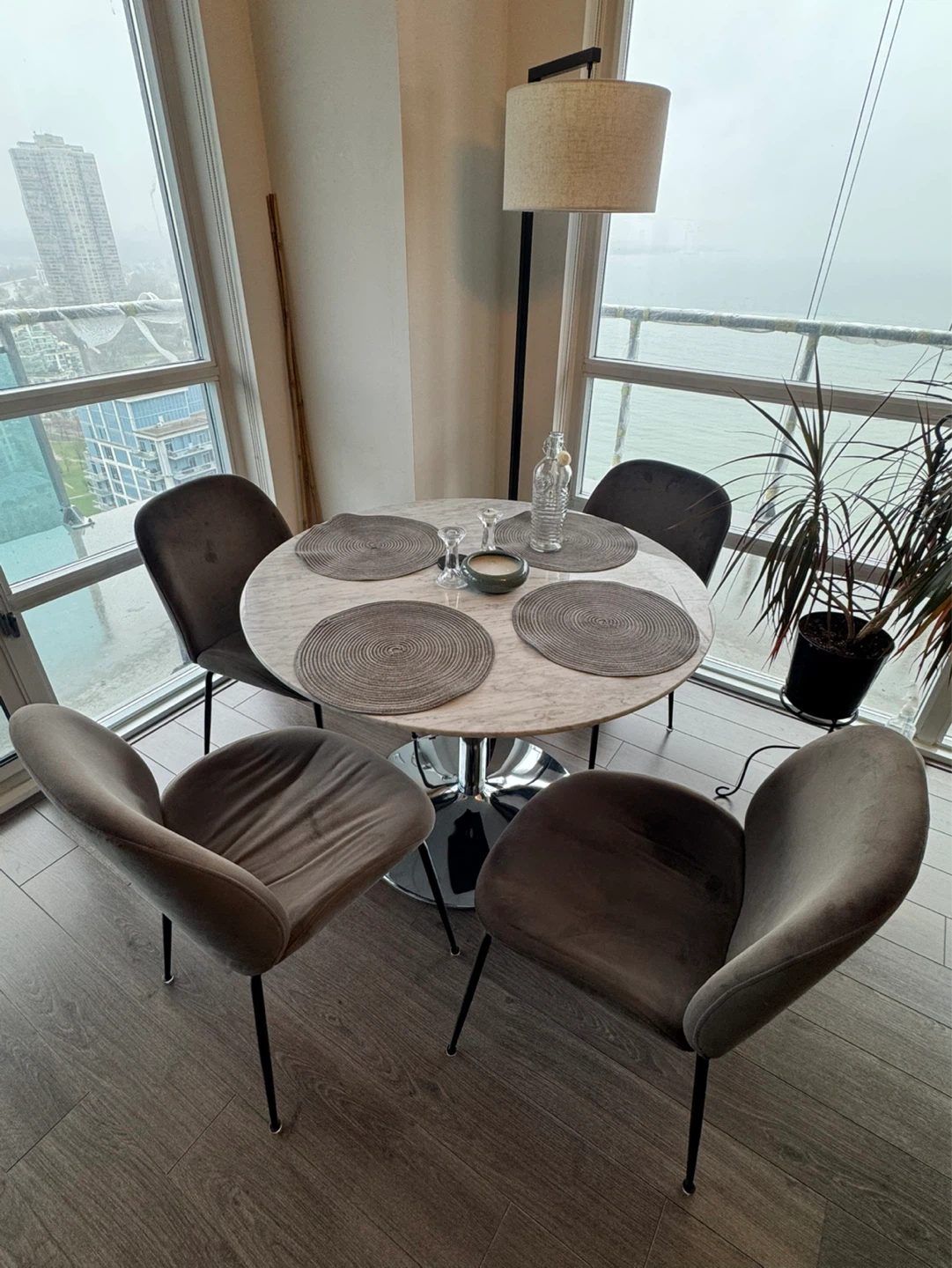 Marble Top Dining Table with 4 Grey Velvet Chairs