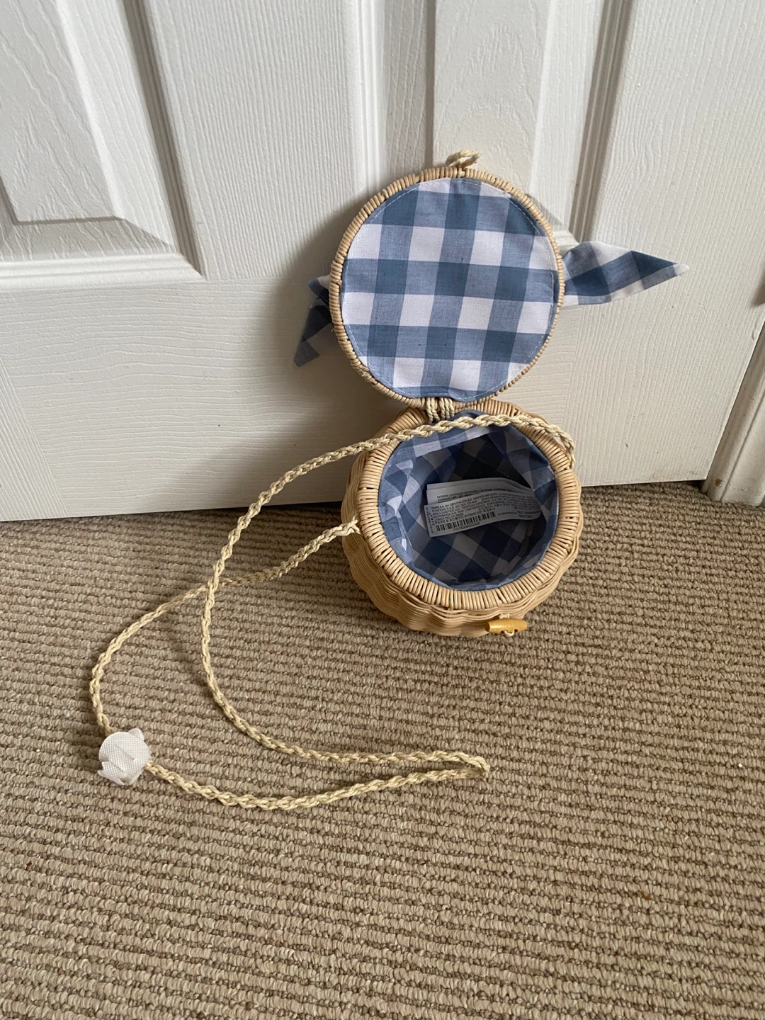 Zara Woven Round Bag with Blue Gingham Scarf Handle - photo 3