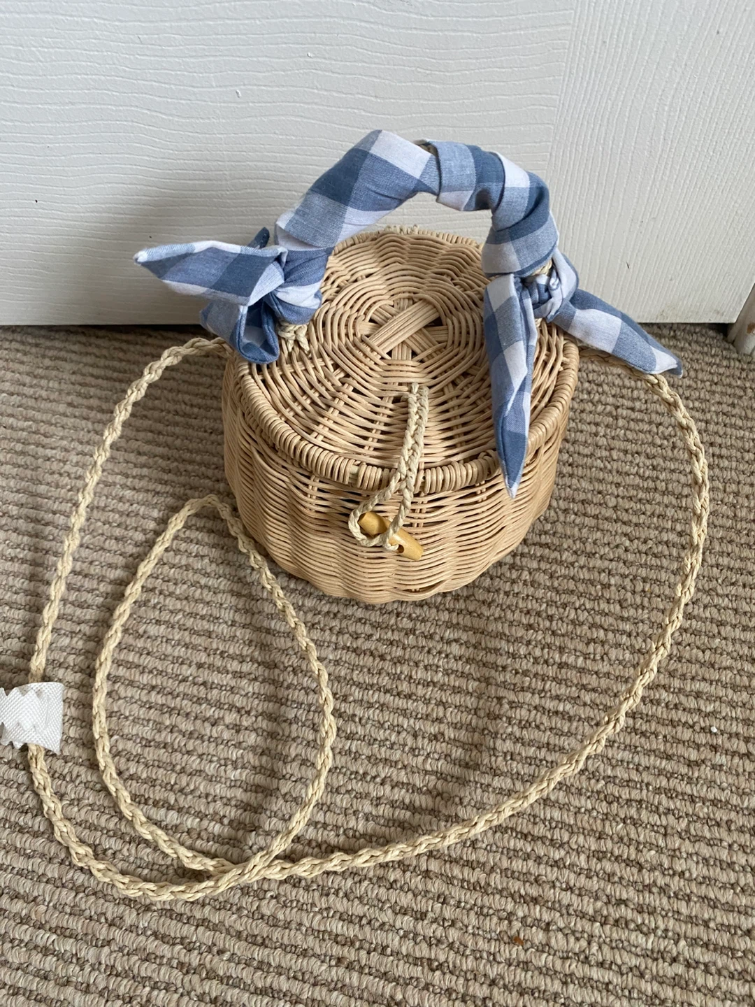 Zara Woven Round Bag with Blue Gingham Scarf Handle - photo 2