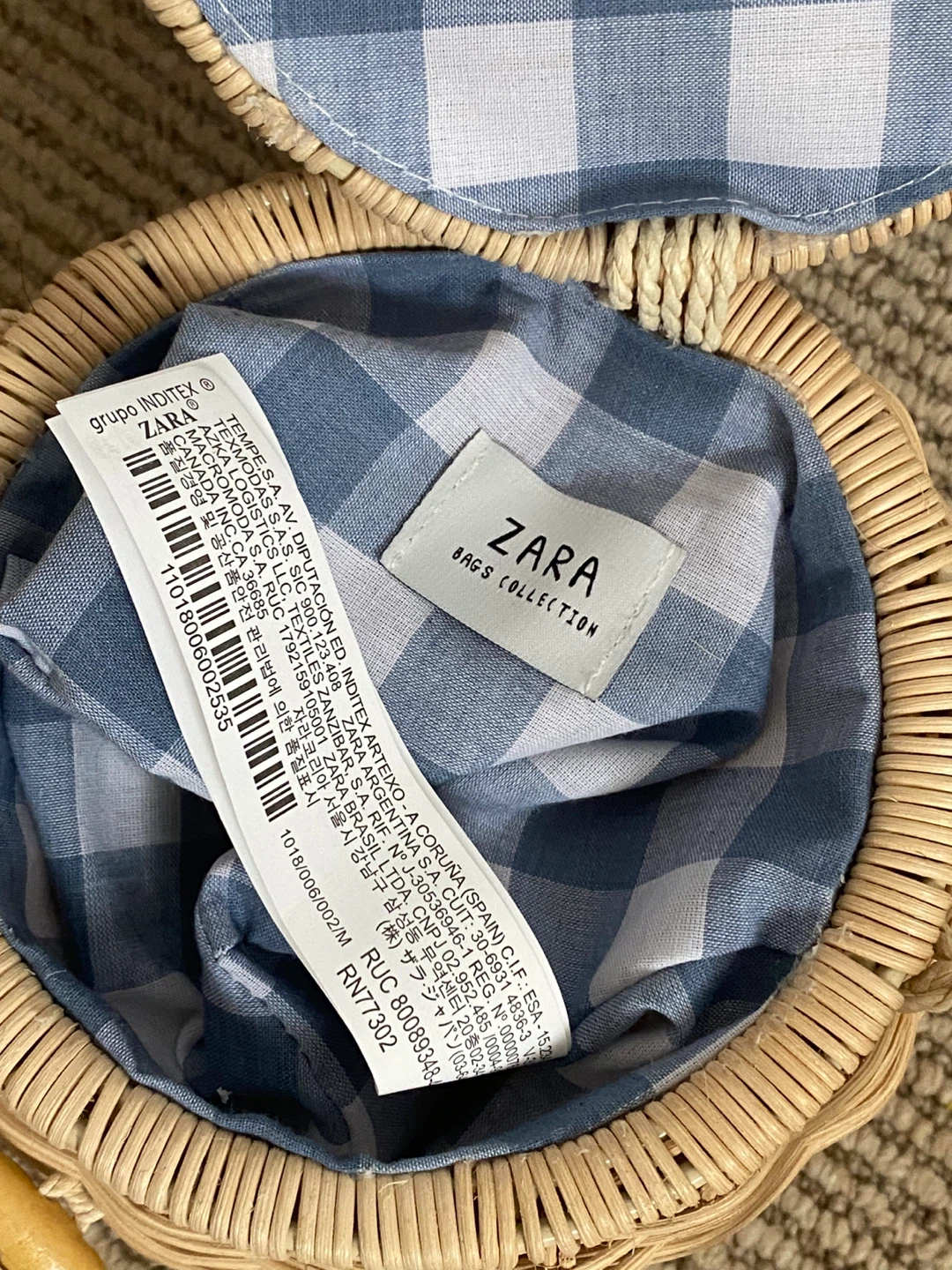 Zara Woven Round Bag with Blue Gingham Scarf Handle