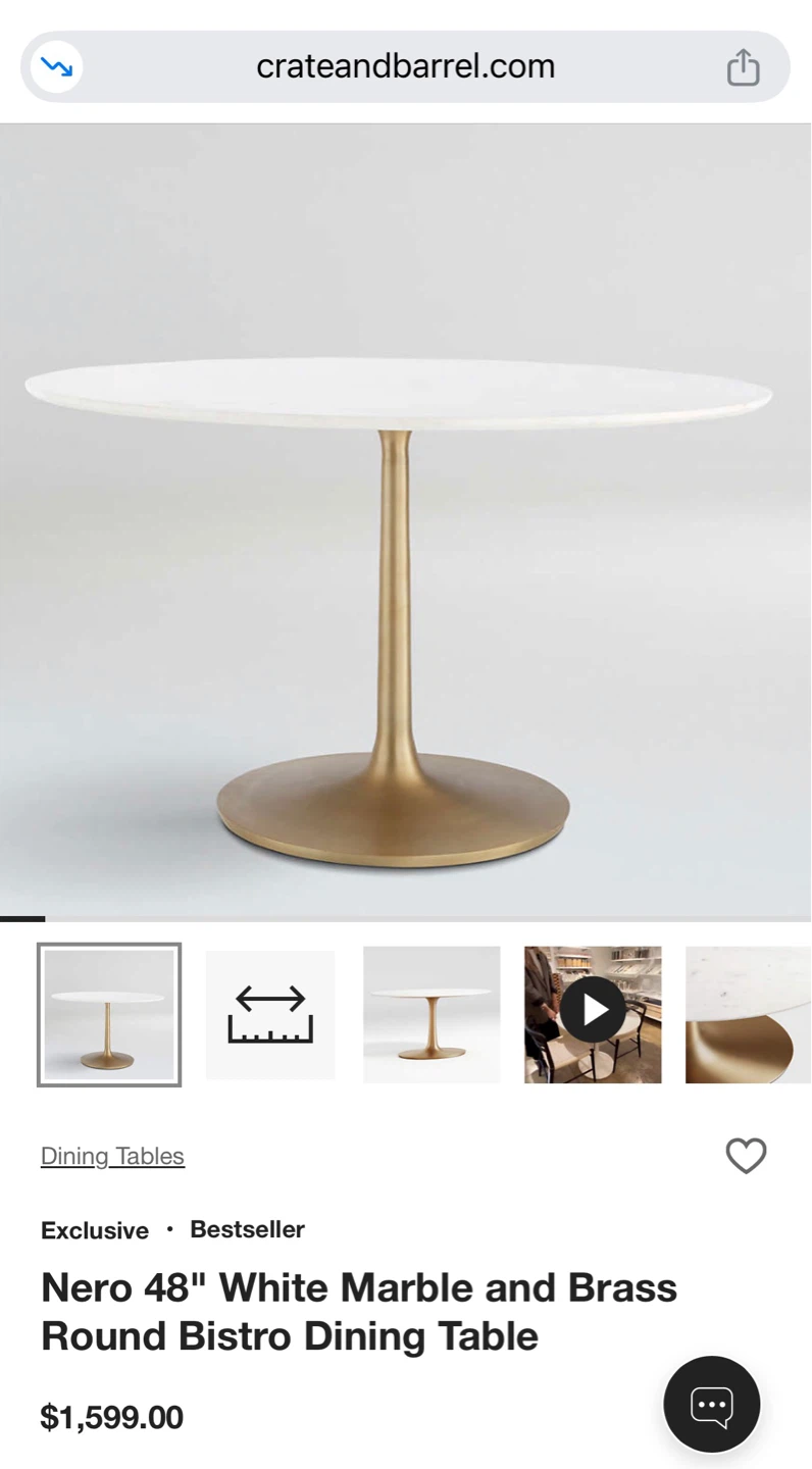 Crate and Barrel Nero 48" White Marble Round Dining Table
