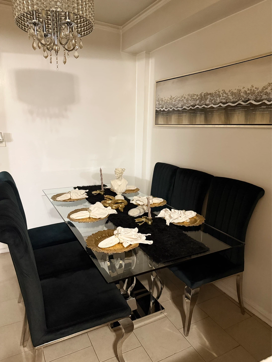 Glass Dining Table with 6 Black Chairs