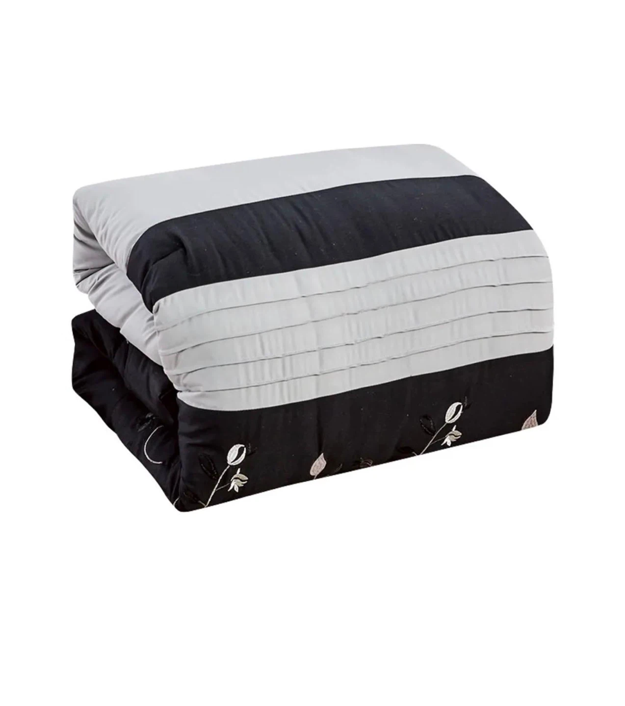 Black and White Striped Bedding Set with Floral Embroidery - photo 3