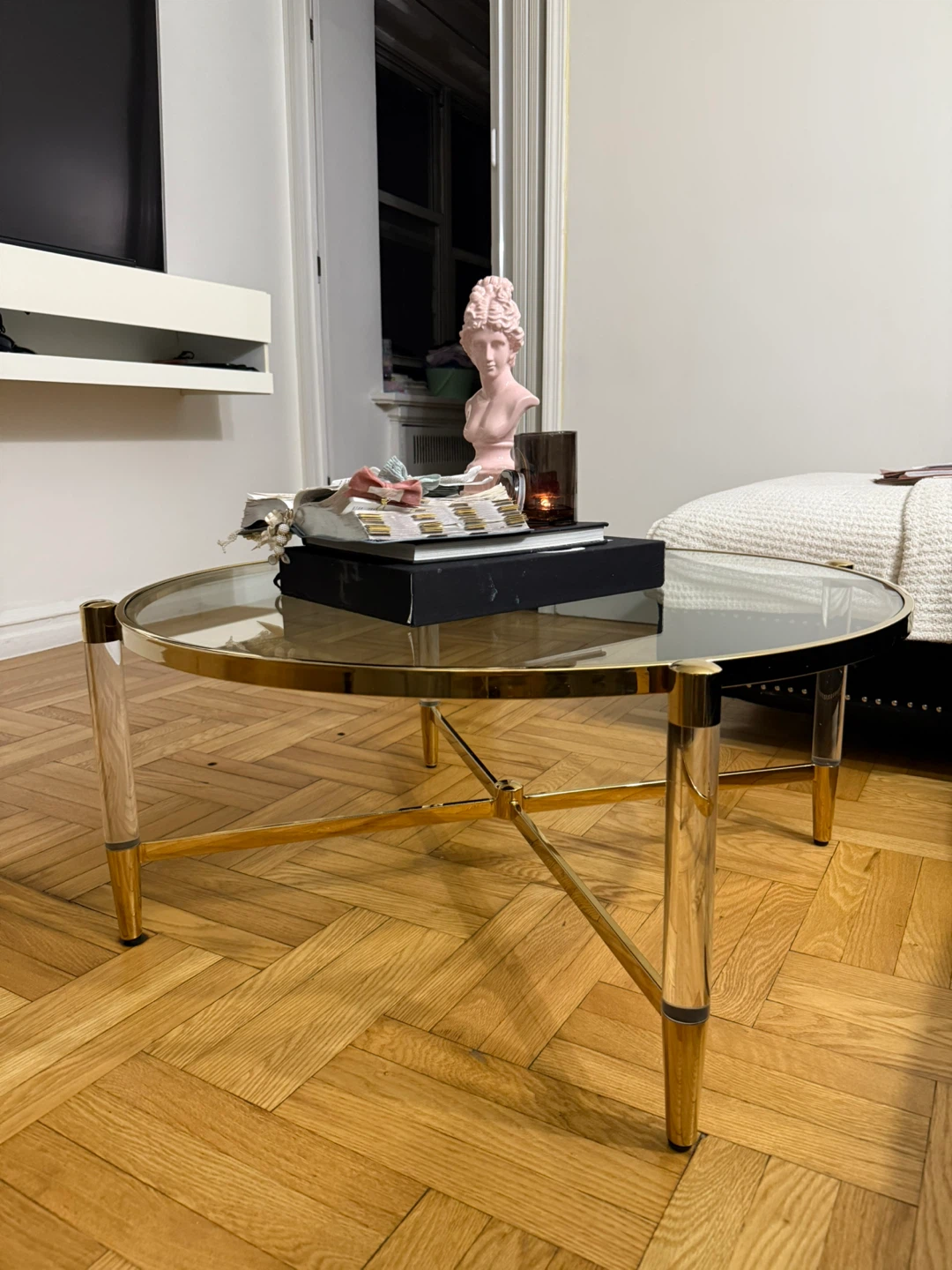Round Glass Coffee Table with Gold and Acrylic Legs - photo 2