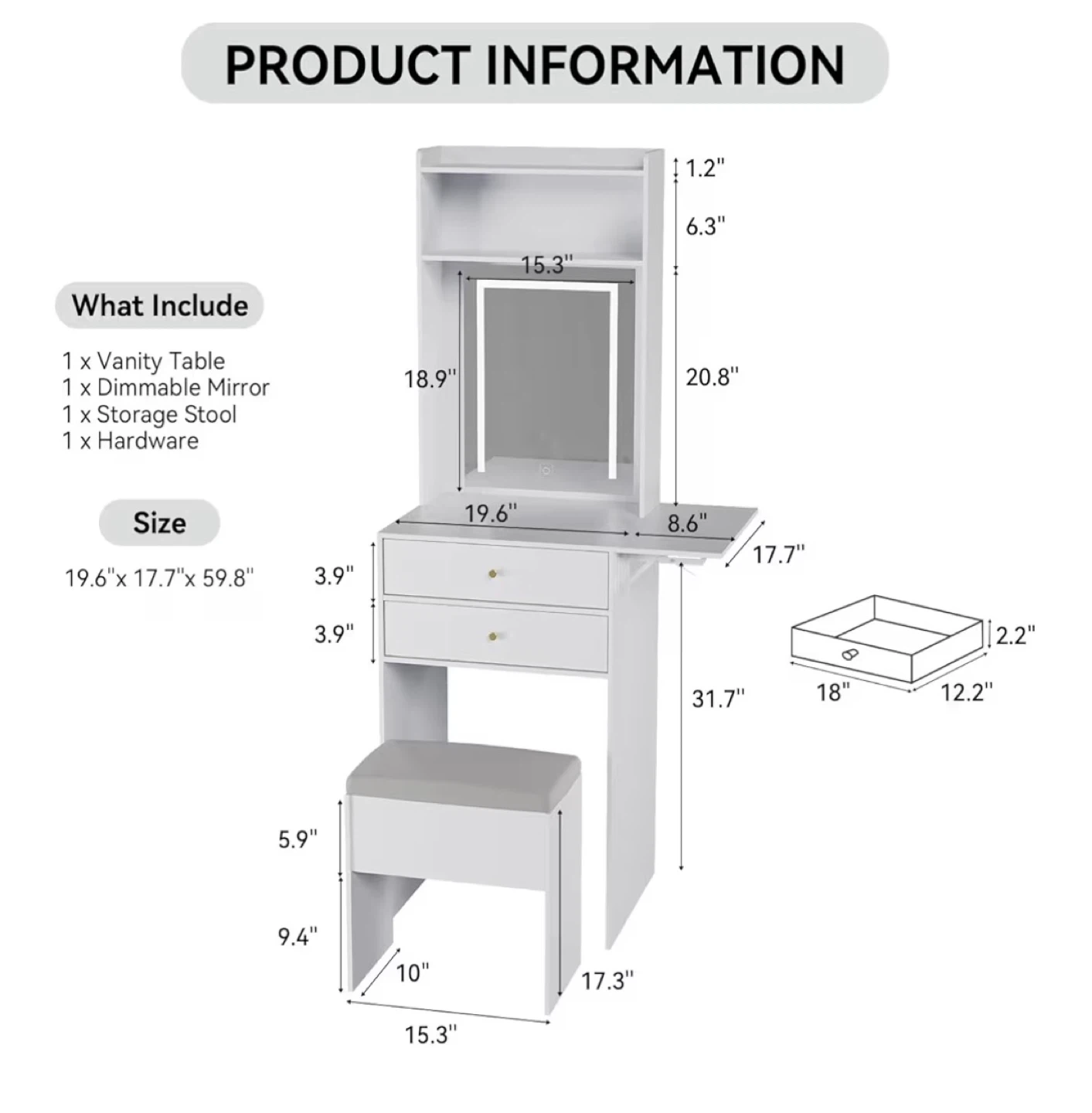 Vanity Table with Lighted Mirror and Stool - photo 2