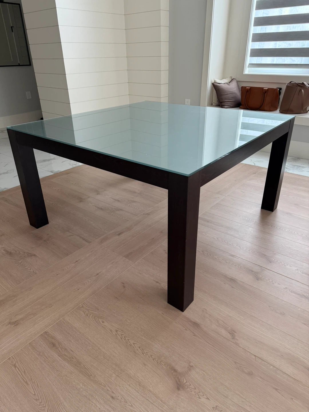 Square Glass Top Dining Table with Dark Wood Base - photo 2