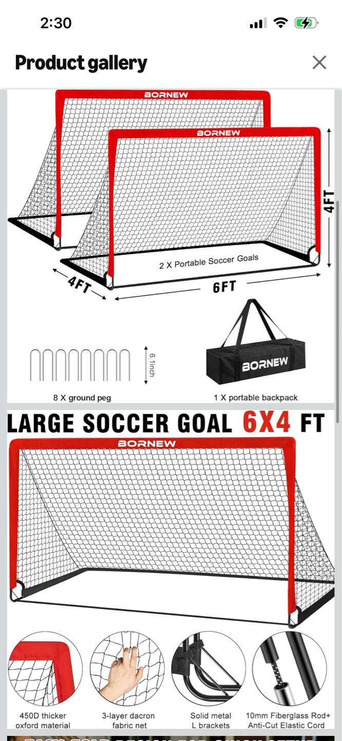 New-One Pc BORNEW Portable Soccer Goal 6x4 FT - photo 2