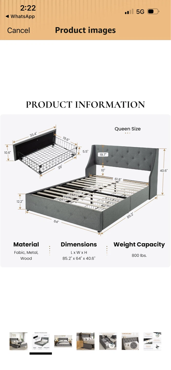 Queen Size Tufted Wingback Bed Frame with Storage Drawers