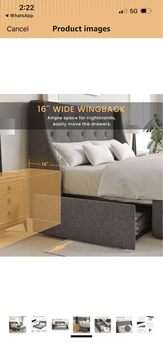 Queen Size Tufted Wingback Bed Frame with Storage Drawers - photo 4