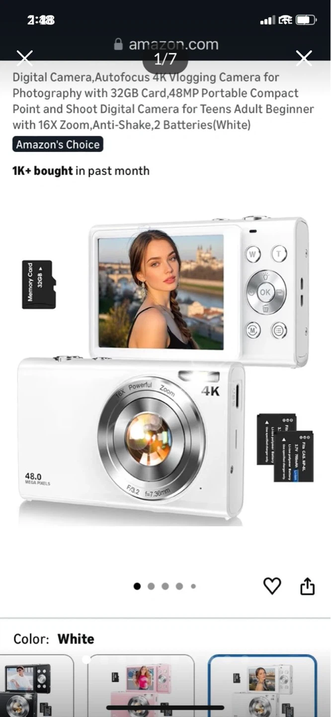 White 4K Vlogging Digital Camera with 16X Zoom and 32GB Card