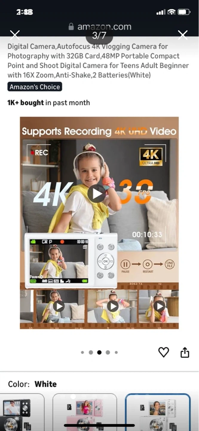 White 4K Vlogging Digital Camera with 16X Zoom and 32GB Card - photo 3