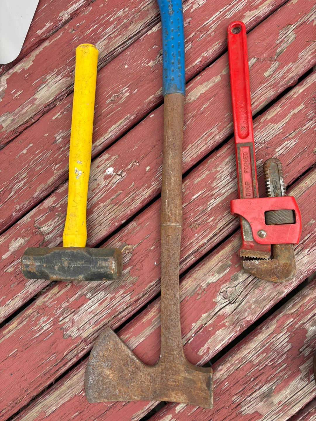 Assorted Hand Tools: Sledgehammer, Axe, Pipe Wrench, Saw - photo 4