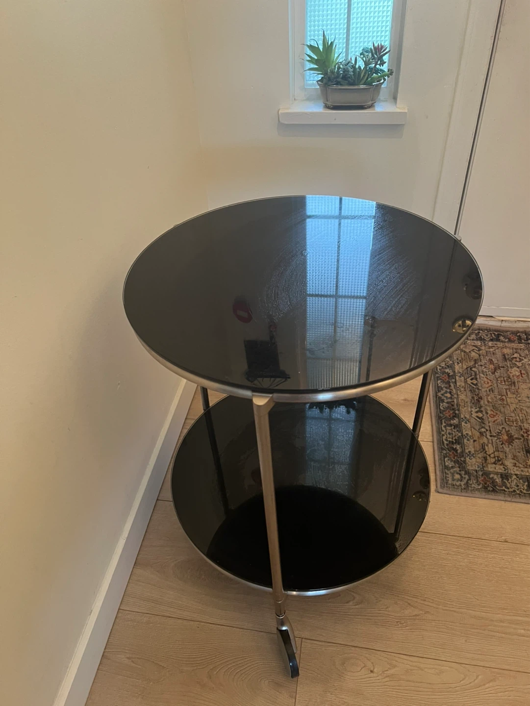 Round Glass Top Side Table with Wheels - photo 2