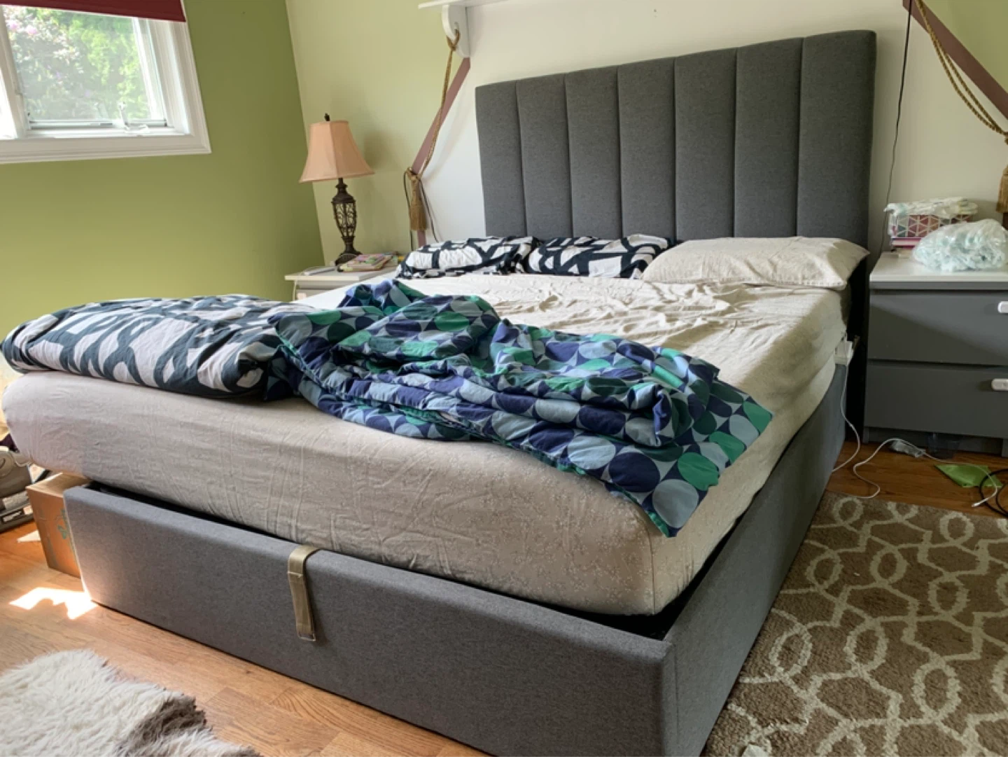 Grey Upholstered Queen Bed Frame with Storage