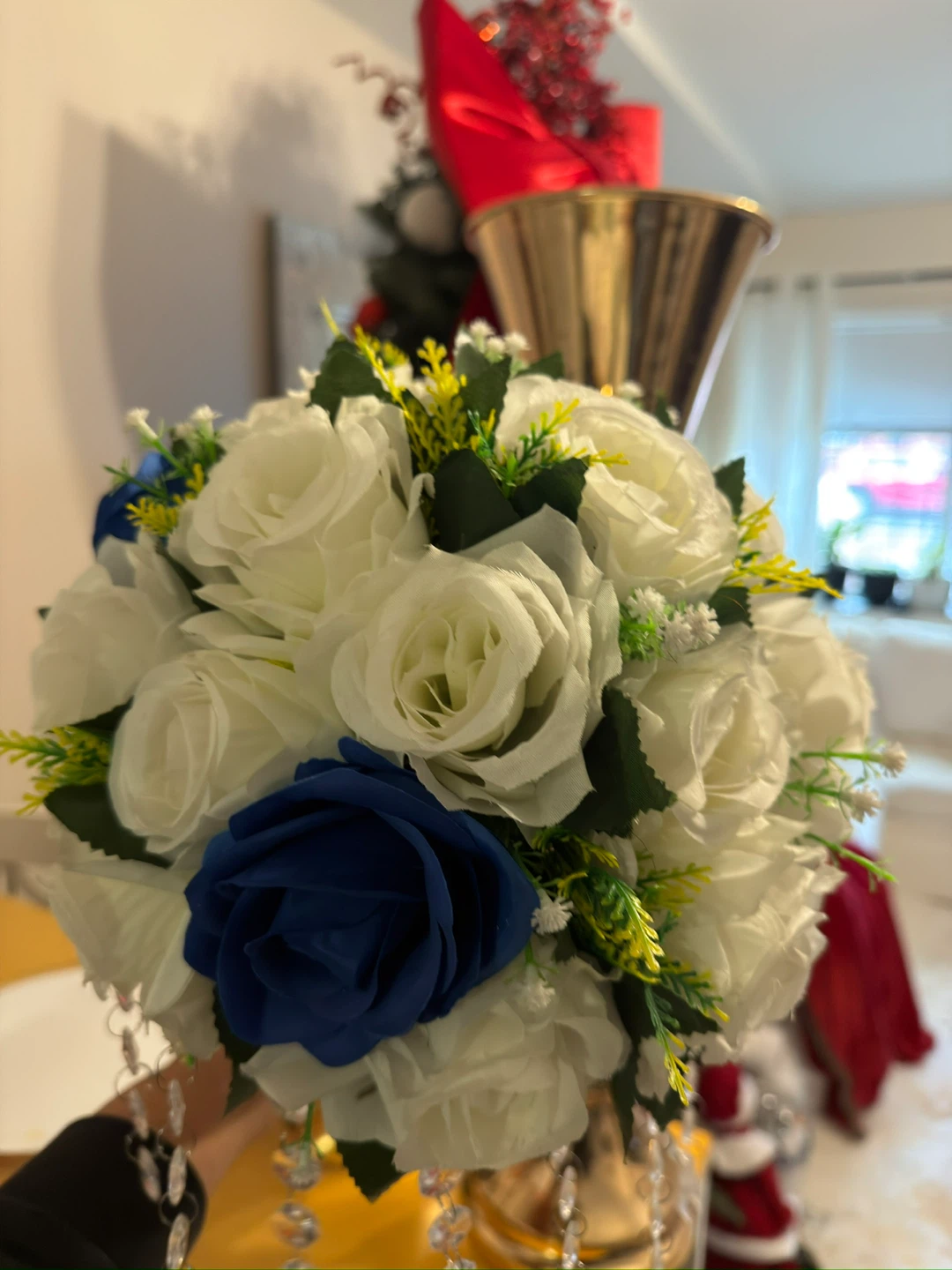 Gold Candelabra with White and Blue Roses - photo 2