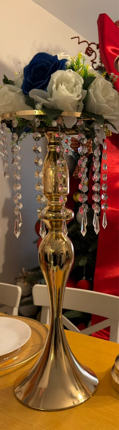 Gold Candelabra with White and Blue Roses