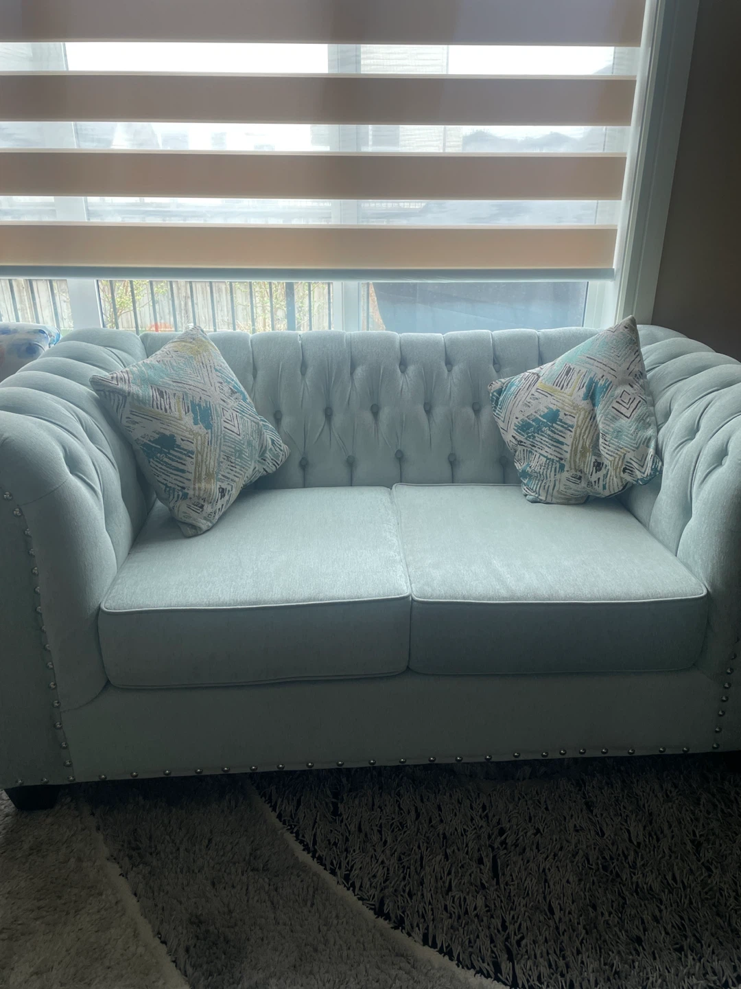 Light Blue Tufted Sofa with Decorative Pillows - photo 3