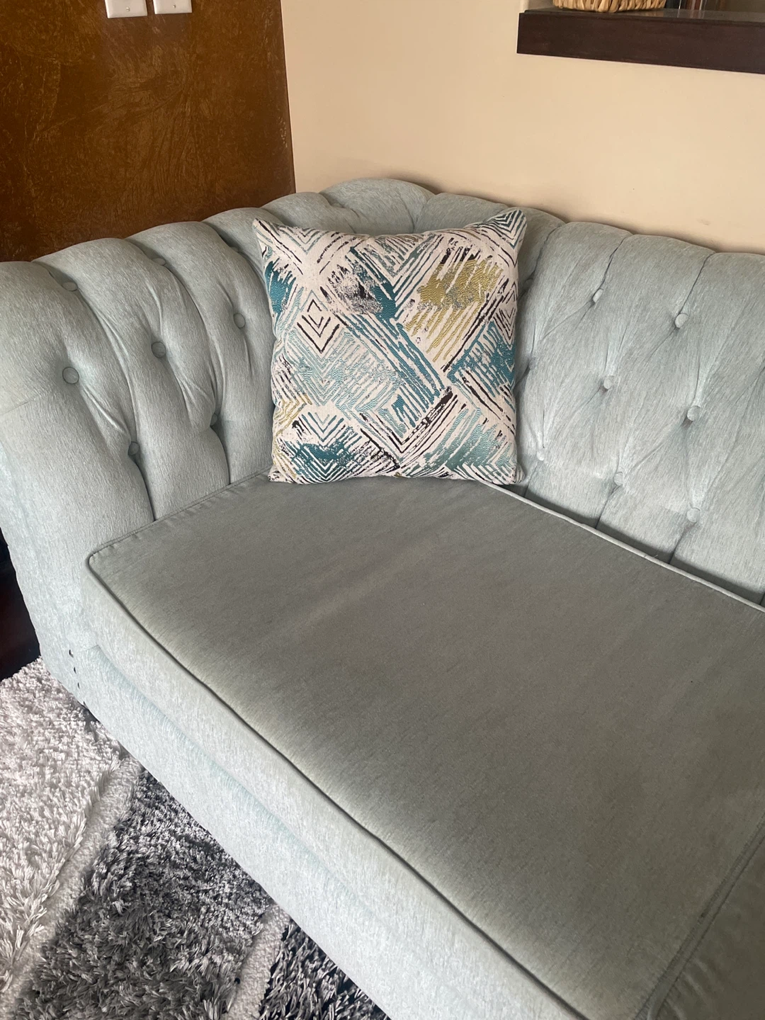 Light Blue Tufted Sofa with Decorative Pillows - photo 2