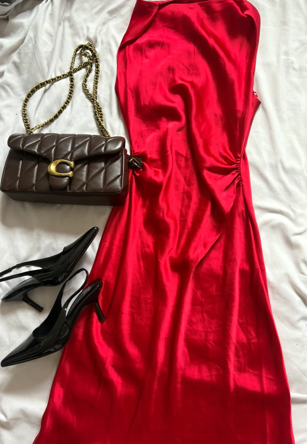 ZARA Red Satin Ruched Dress