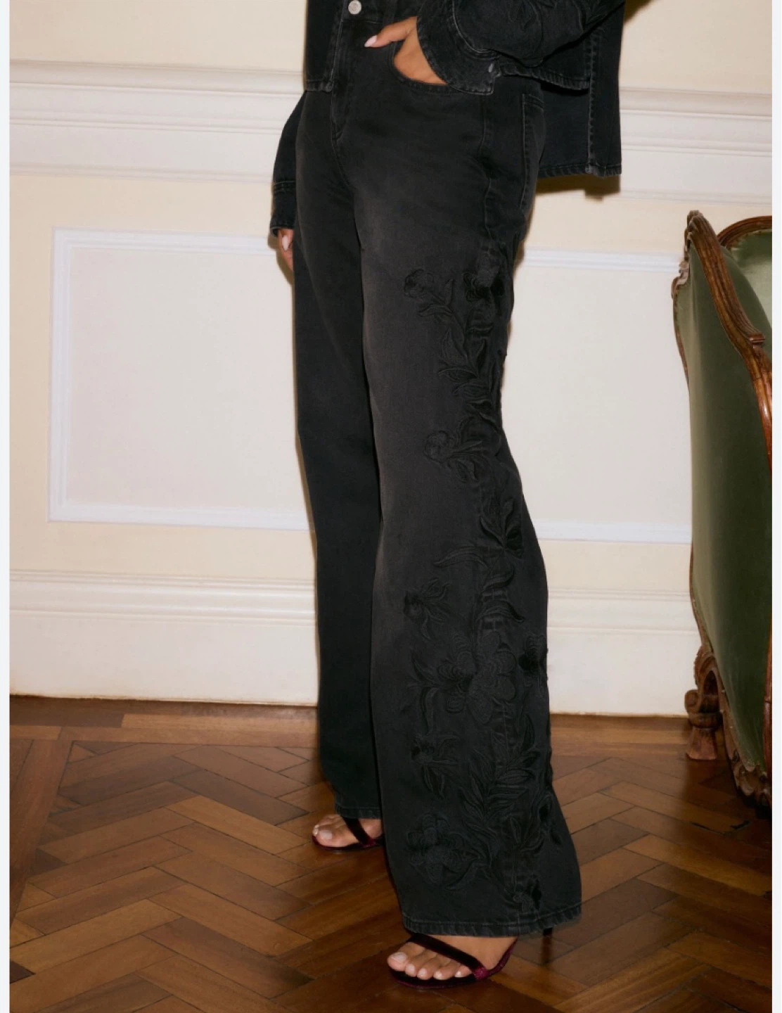 Black Embroidered Flare Jeans
