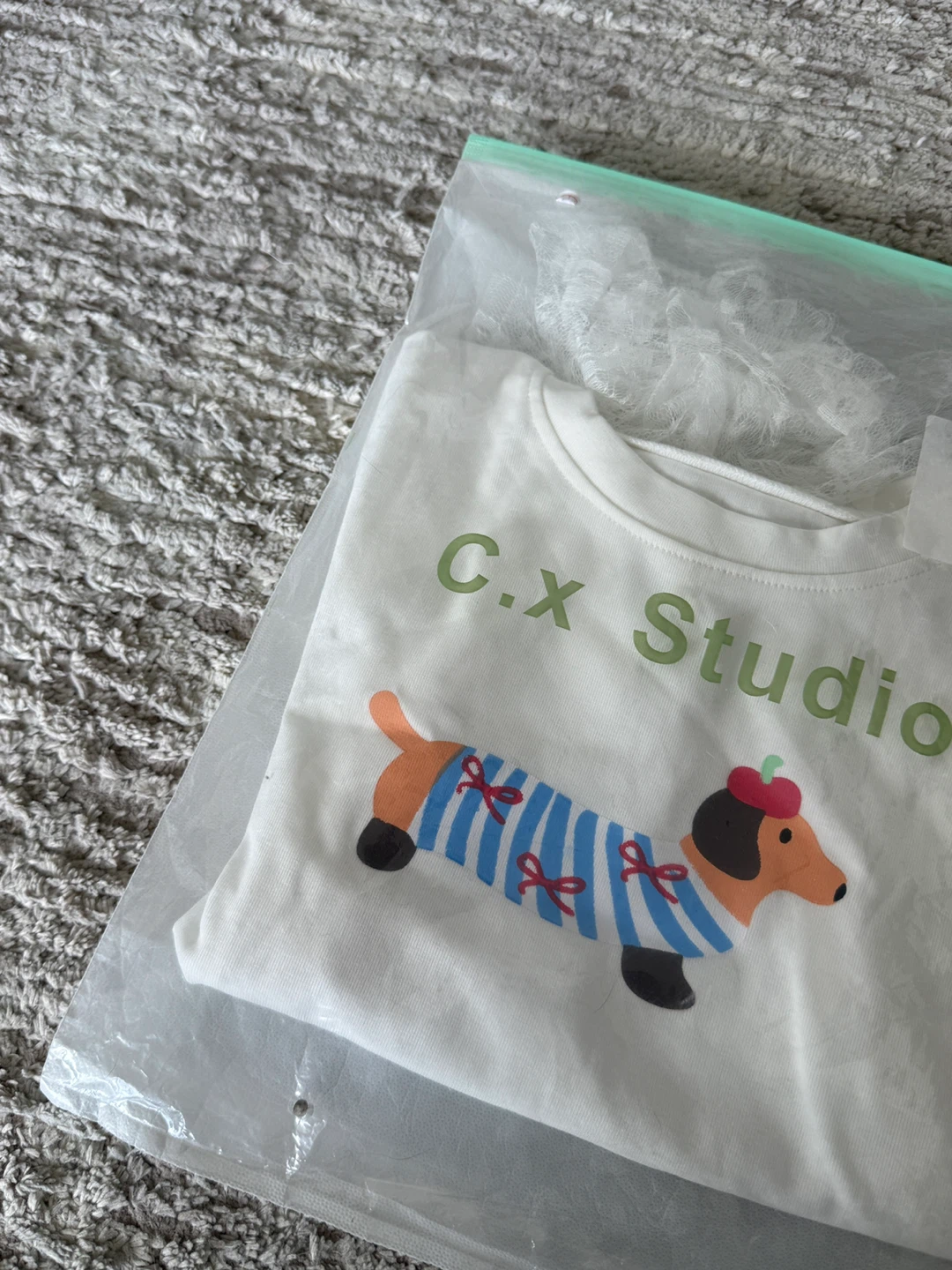 Super Cute White Tee with Lace Hem and Dog Print