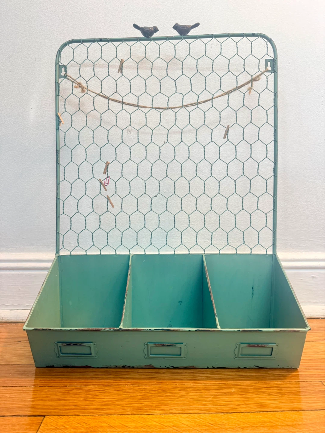 Distressed Teal Metal Wall Organizer with Chicken Wire Back