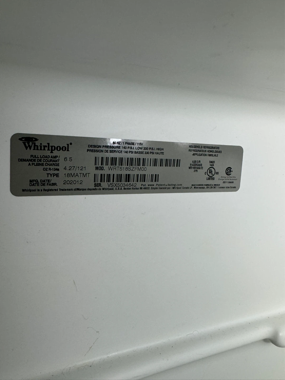 Whirlpool Refrigerator WR T518SZFMO0