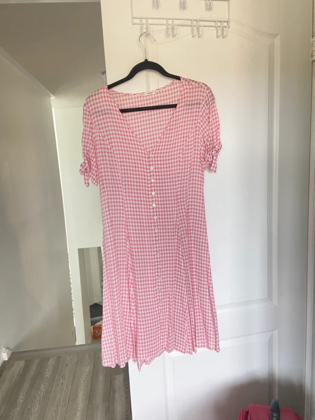 Mango Pink Gingham Button-Up Dress - Size Medium