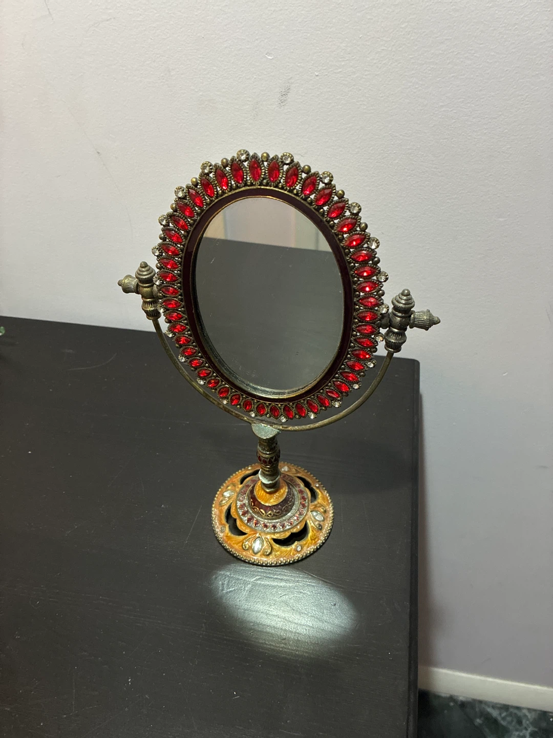 Decorative Oval Vanity Mirror with Red Rhinestones