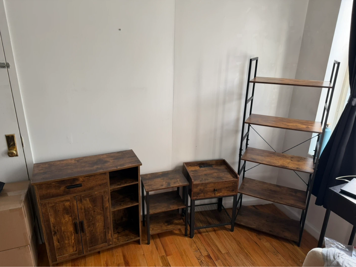 Rustic Brown Storage Cabinet, End Table, and Bookshelf Set