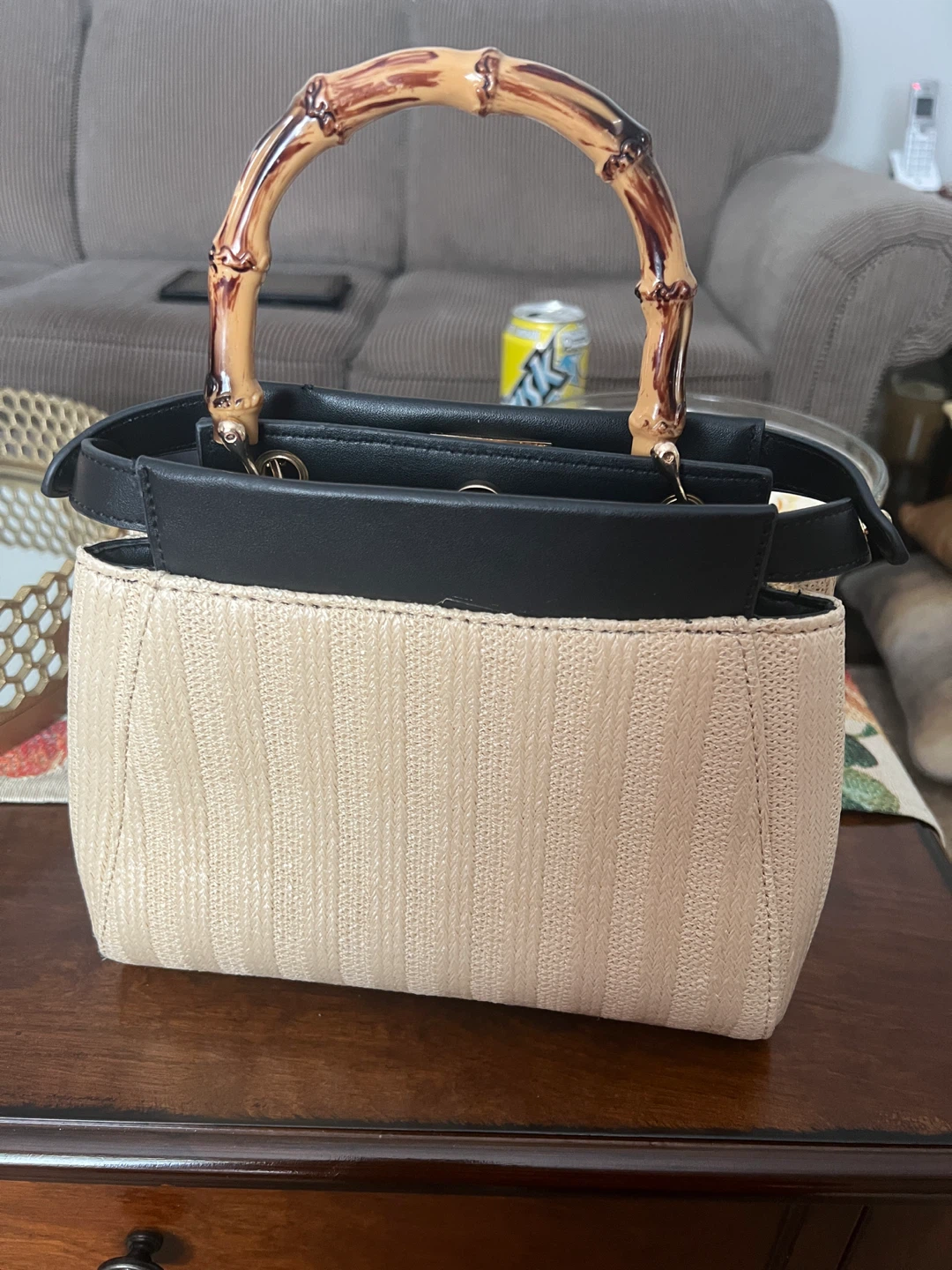 Straw and Faux Leather Handbag with Bamboo Handle - photo 3