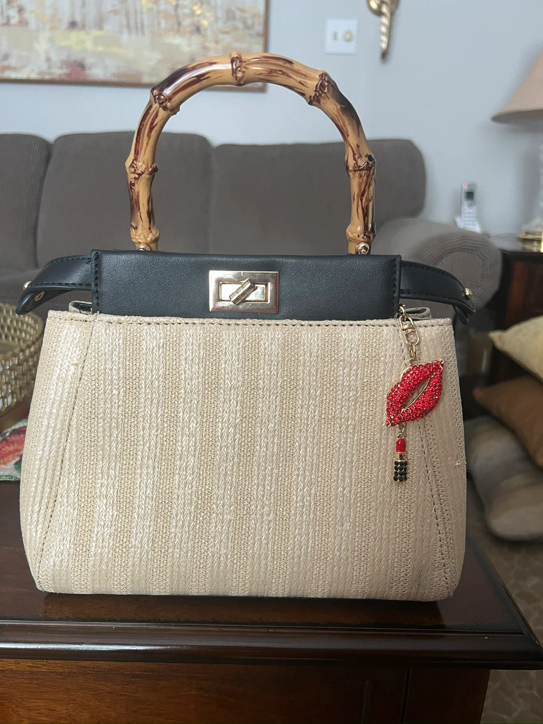 Straw and Faux Leather Handbag with Bamboo Handle