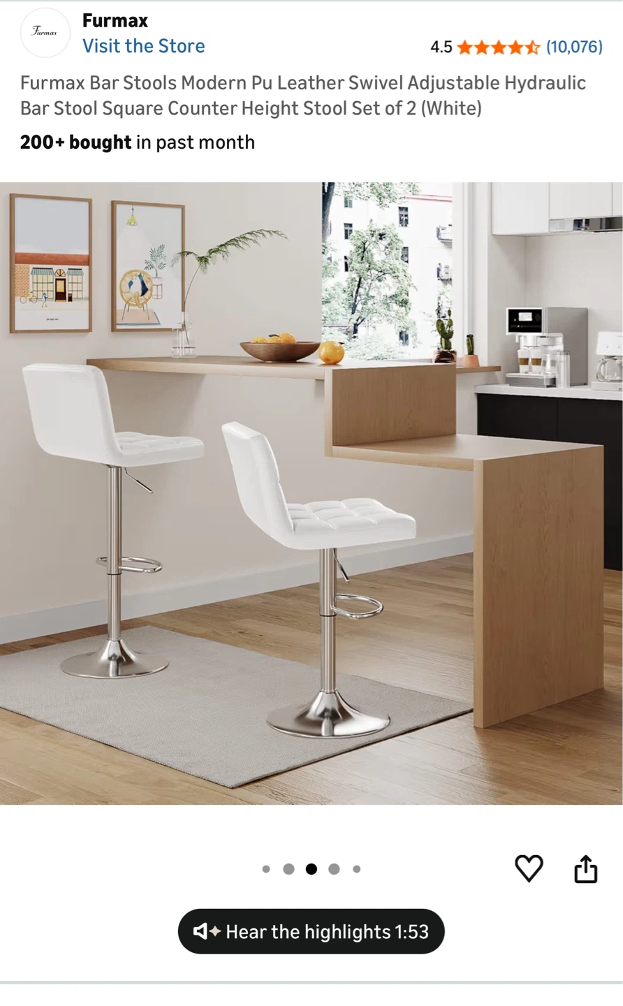 Adjustable Bar Stools（2), White PU Leather, Excellent Condition - photo 3