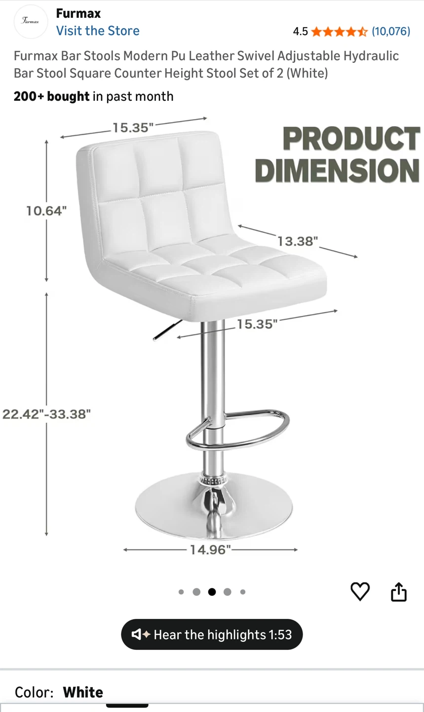 Adjustable Bar Stools（2), White PU Leather, Excellent Condition - photo 4