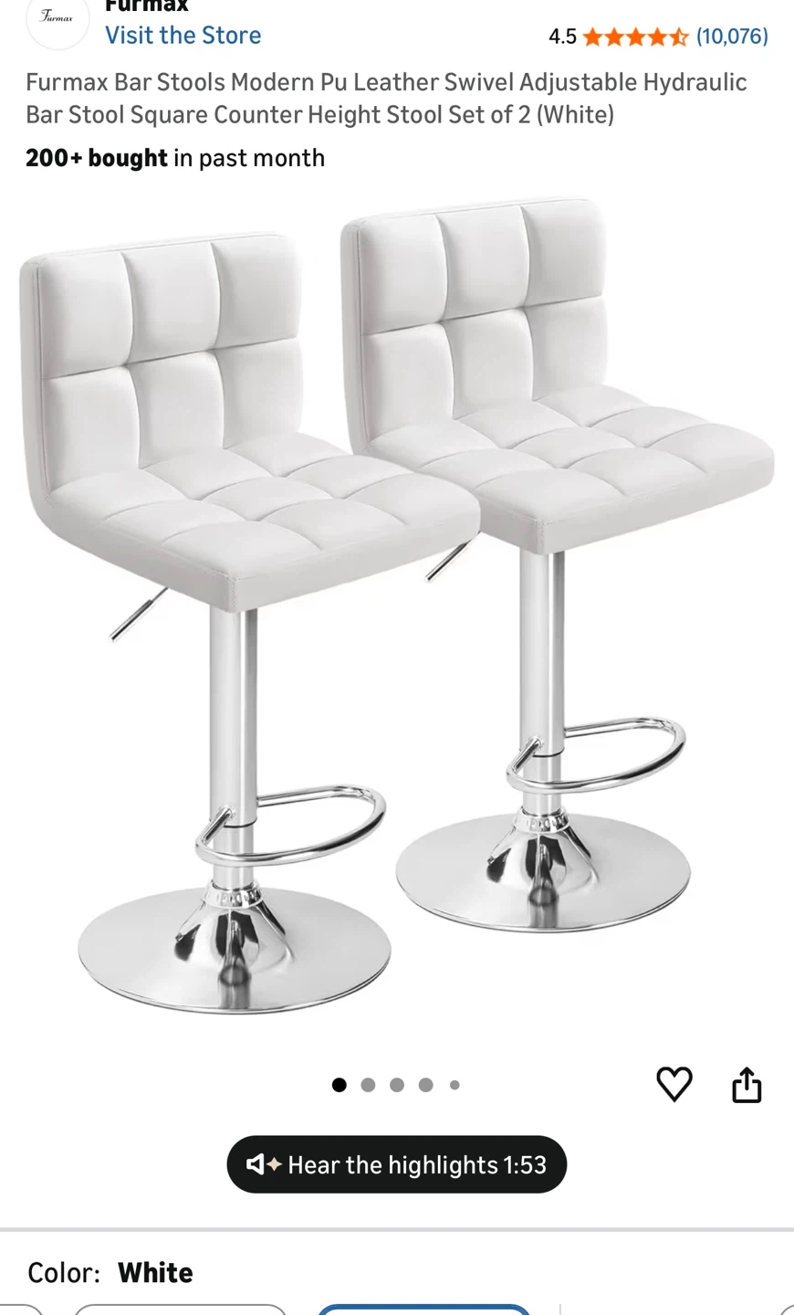 Adjustable Bar Stools（2), White PU Leather, Excellent Condition
