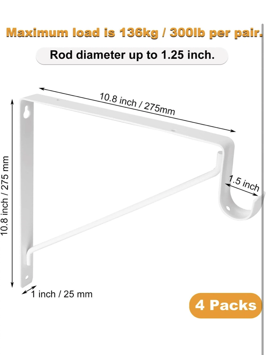 4 White Heavy Duty Steel Shelf Brackets with Hooks - photo 2