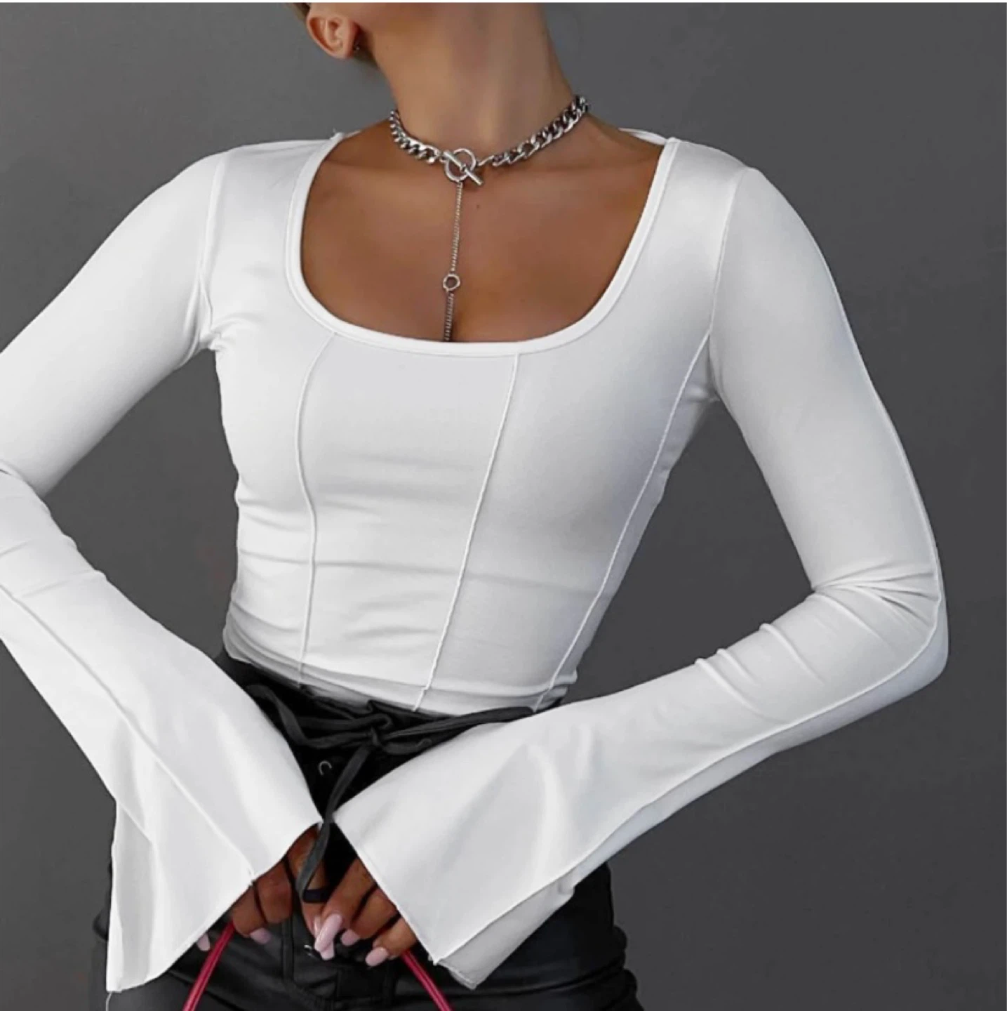 White Ribbed Flare Sleeve Top