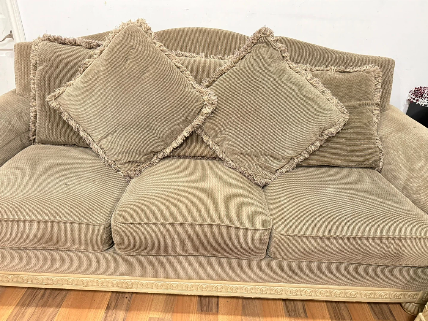 Brown Corduroy Loveseat with Decorative Pillows