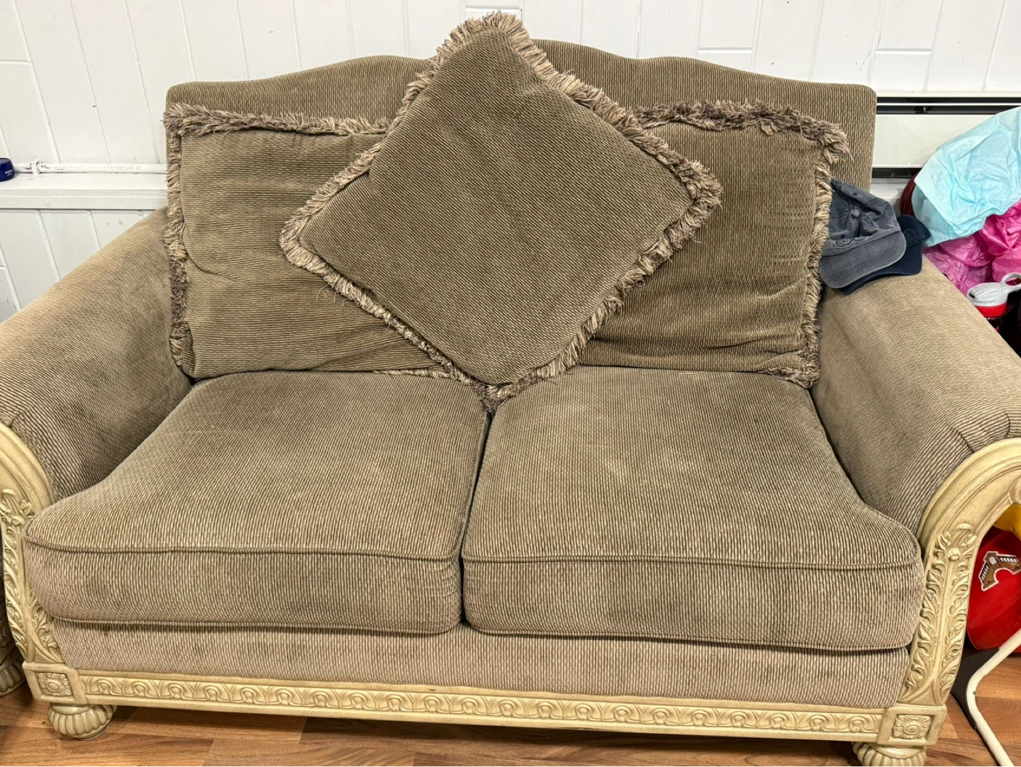 Brown Corduroy Loveseat with Decorative Pillows - photo 2