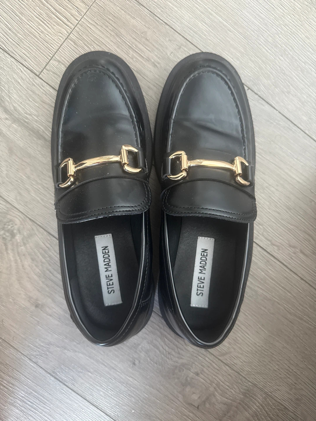 Steve Madden Black Loafers with Gold Buckle