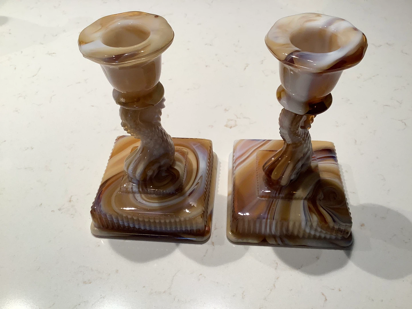 Vt Imperial Glass Caramel Slag Glass Dolphin Candle Holders 🐞