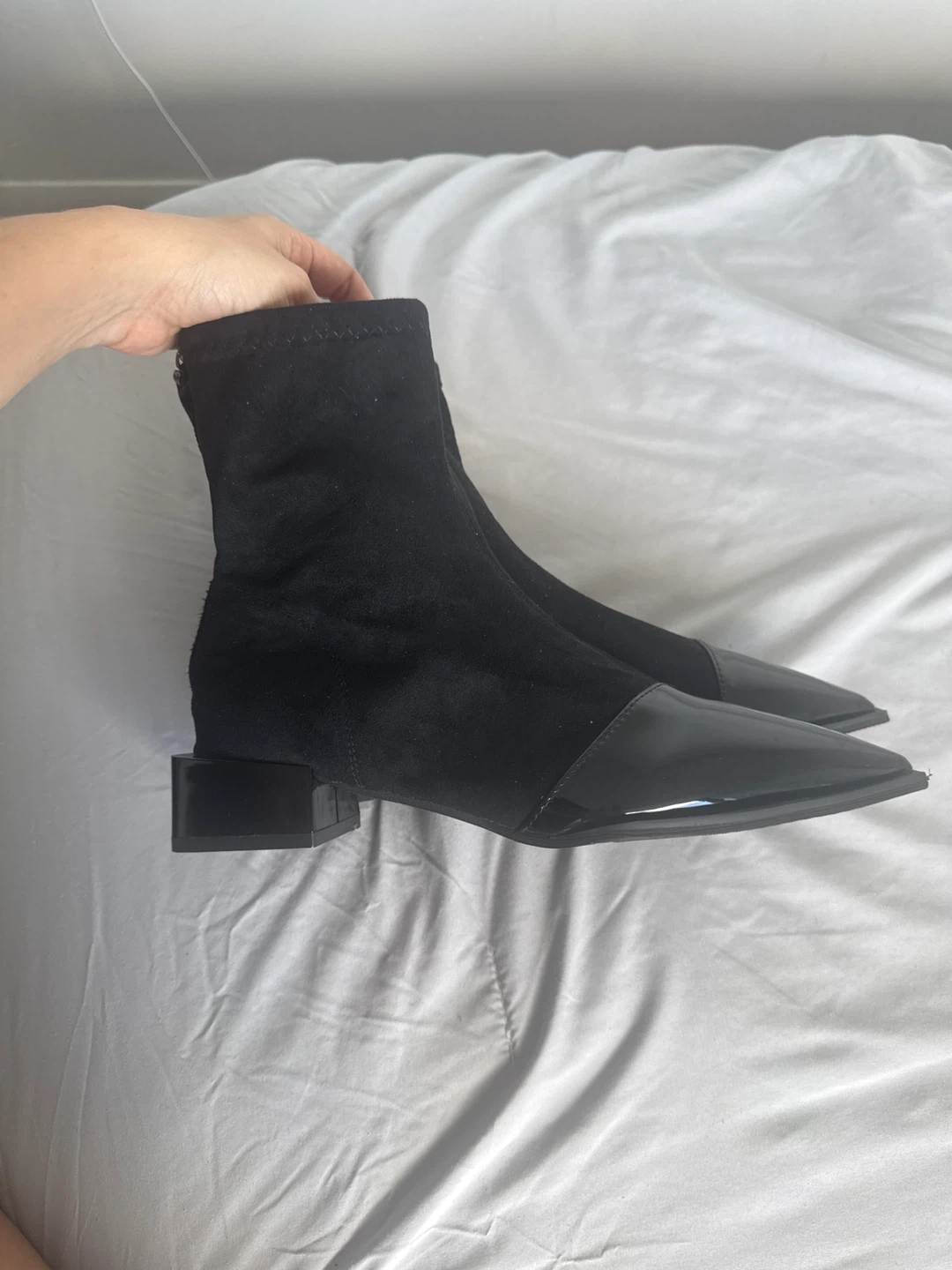 Brand new Black Sock Ankle Boots with Patent Toe - photo 3
