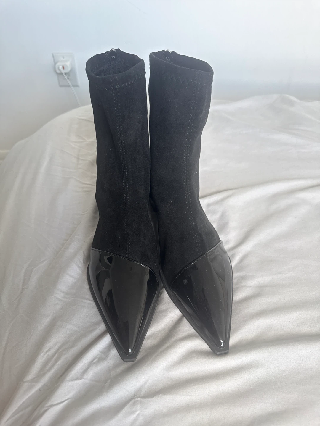Brand new Black Sock Ankle Boots with Patent Toe
