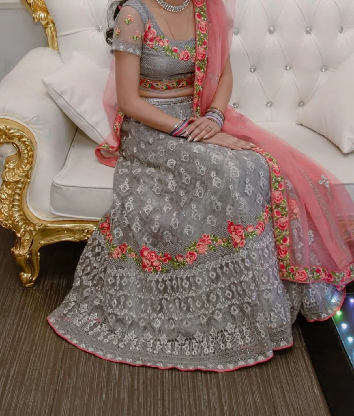 Grey Lehenga with Pink Floral Embroidery