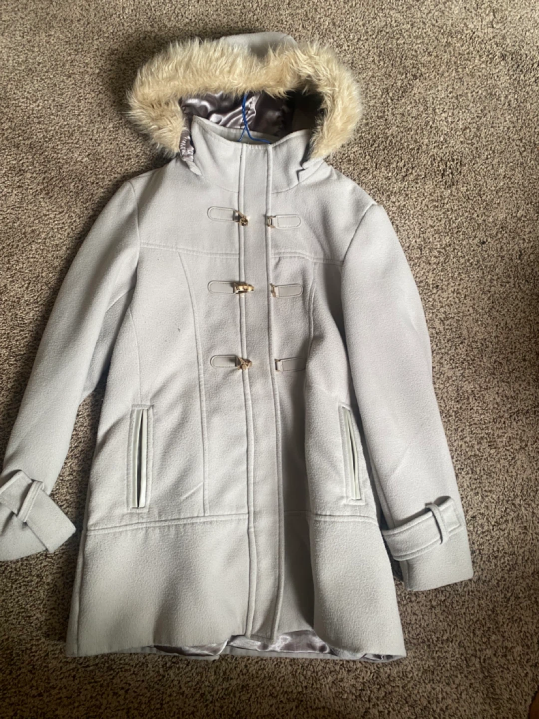 Light Grey Toggle Coat with Faux Fur Hood