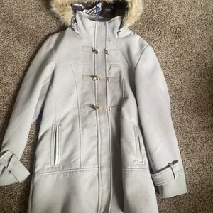 Light Grey Toggle Coat with Faux Fur Hood