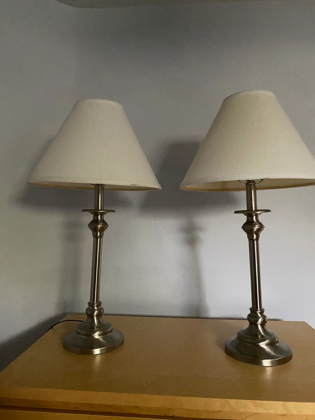 Pair of Brushed Nickel Table Lamps with Cream Shades