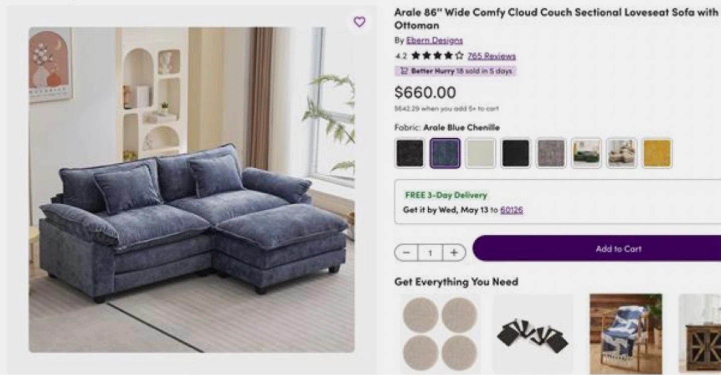 Blue Sectional Sofa with Ottoman - photo 2