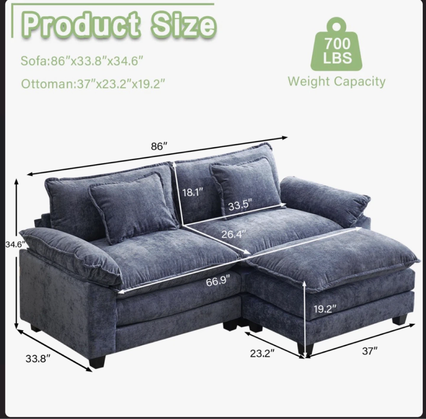 Blue Sectional Sofa with Ottoman - photo 3